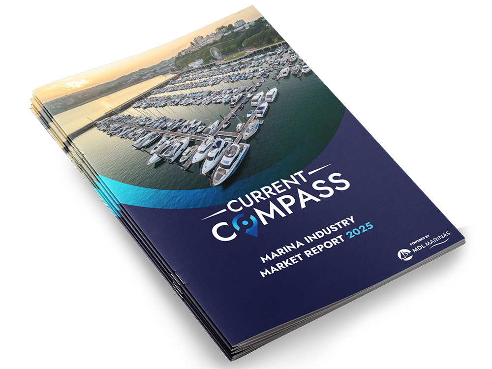 Stack of Current Compass 2025 marina industry reports.