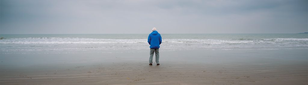 David Attenborough standing on a wide beach on his own looking out to sea