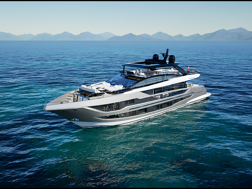Pearl 100 Hybrid superyacht cruising on calm blue water.