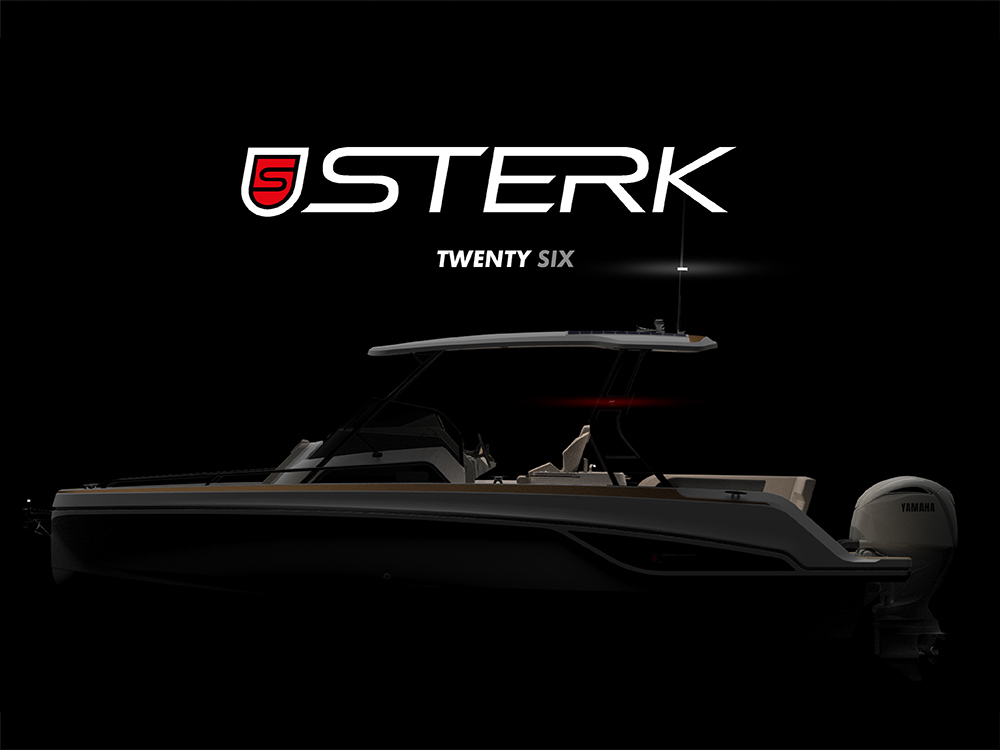 Side profile of the new STERK 26 powerboat with Yamaha outboard, showcased under dark lighting with STERK branding above.