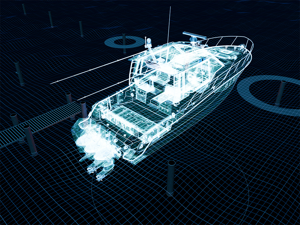 Digital render of a boat using Simrad AutoCaptain autonomous docking technology, showing 3D sensors and propulsion integration.