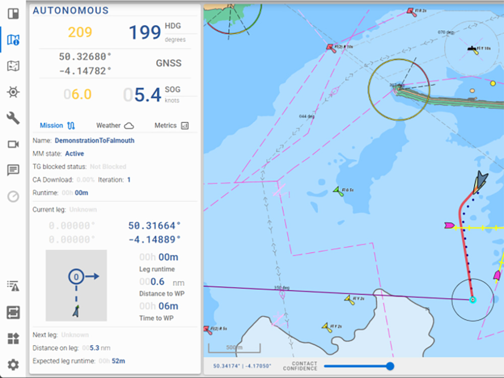 Autonomous vessel navigation interface showing mission data, live route plotting and vessel telemetry.