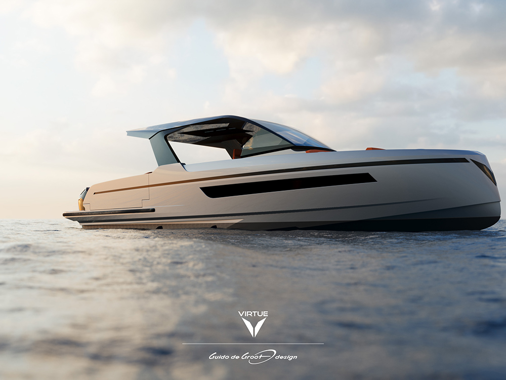 Virtue V14 Hard Top sports cruiser gliding on calm water at sunset.