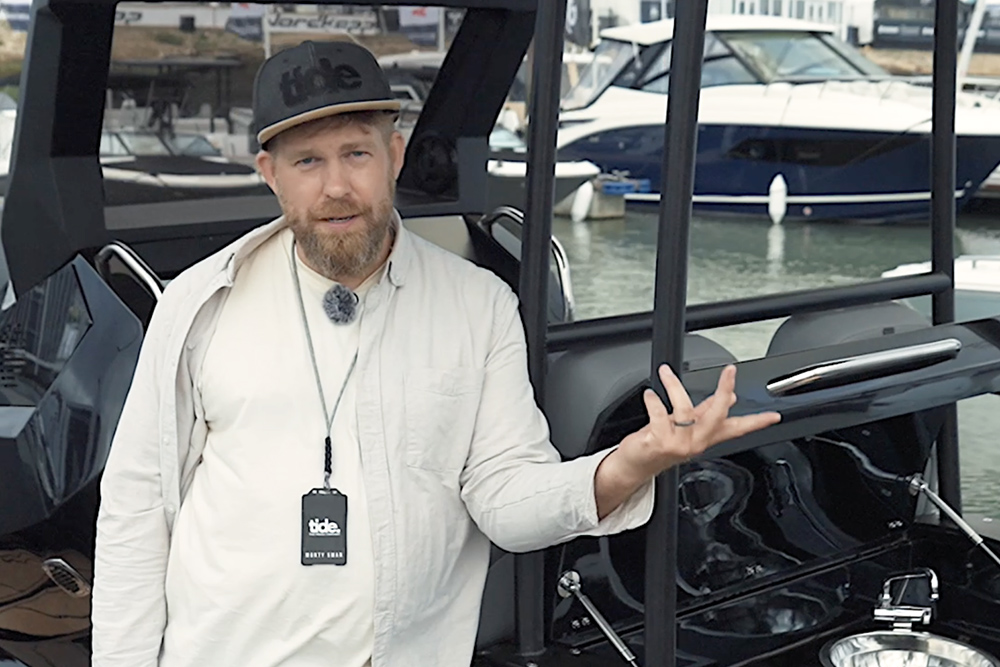 Monty standing on Italboats RIB talking and raising arms
