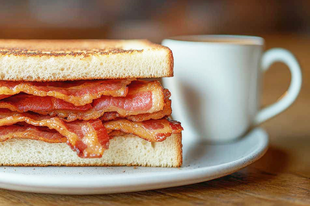 bacone sandwich with espresso coffee cup behind
