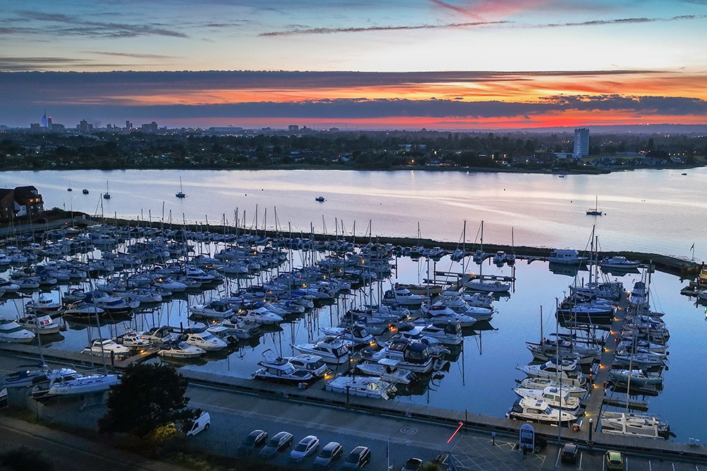 sunset image aerial view of Southsea marina