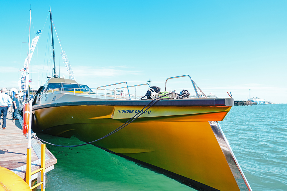 Thunder Child II yellow expedition vessel made fast to show pontoon