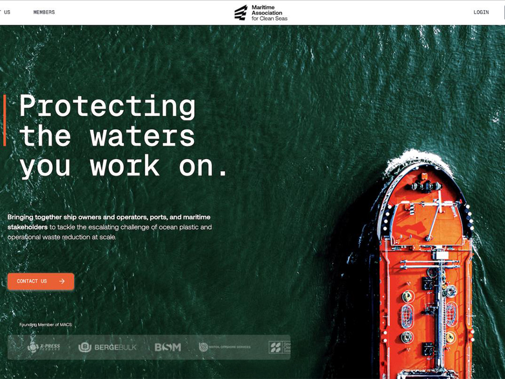 Screenshot of homepage of Maritime Association for Clean Seas website, showing aerial view of a working vessel on deep green water.