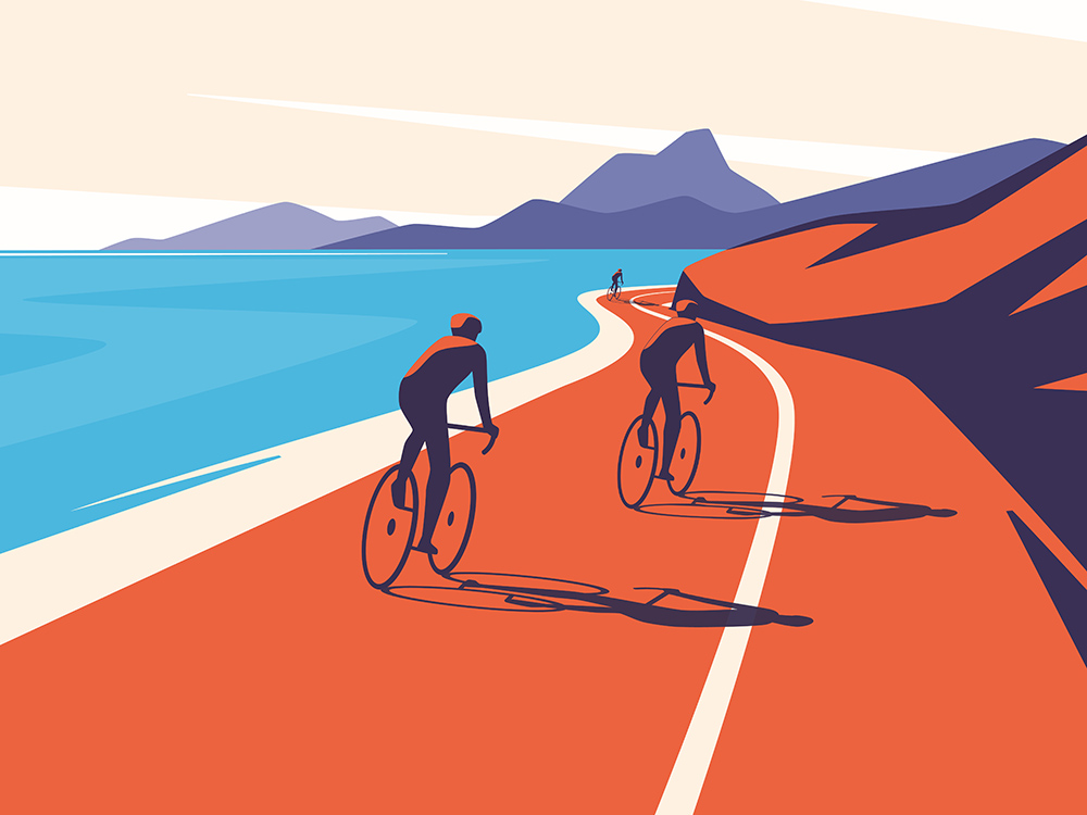 Cyclists riding along a winding coastal road beside blue sea and mountains, illustrated in bold red and blue minimalist style.