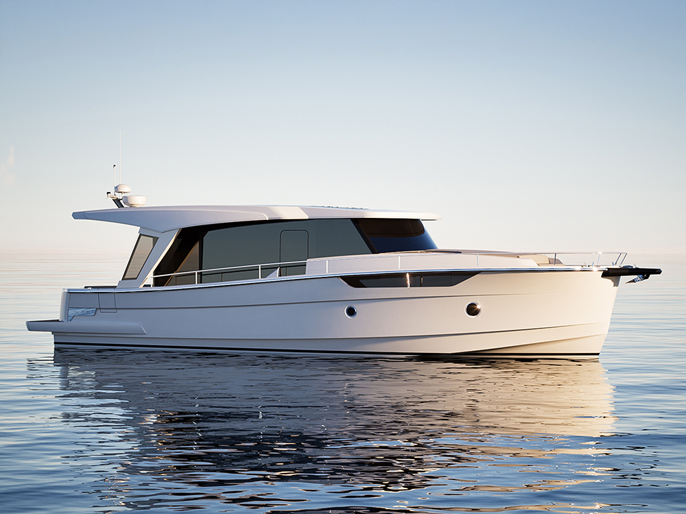Greenline 42 motor yacht on calm water at sunset.