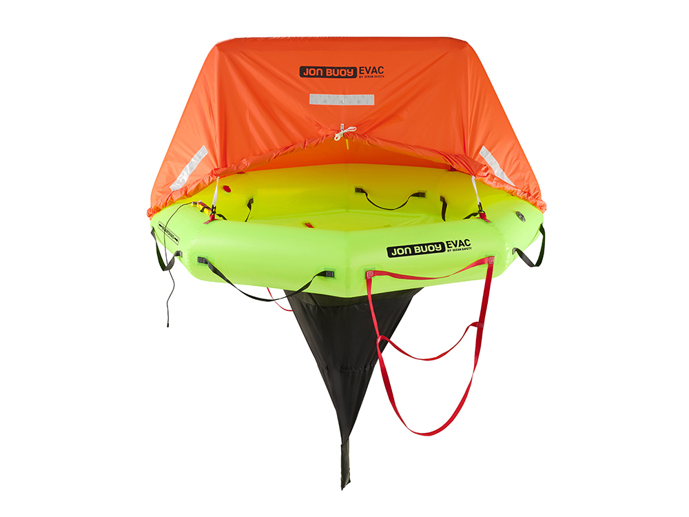 Jon Buoy EVAC inflated platform with bright red canopy, grab handles and boarding straps, showing its sheltered design for short-term marine abandonment.