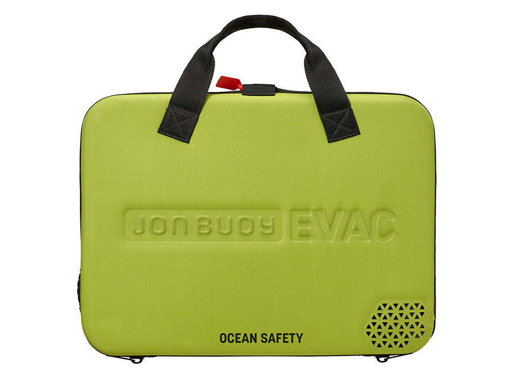 Bright green Jon Buoy EVAC case with black carry handles, showing Ocean Safety branding for compact marine evacuation equipment.