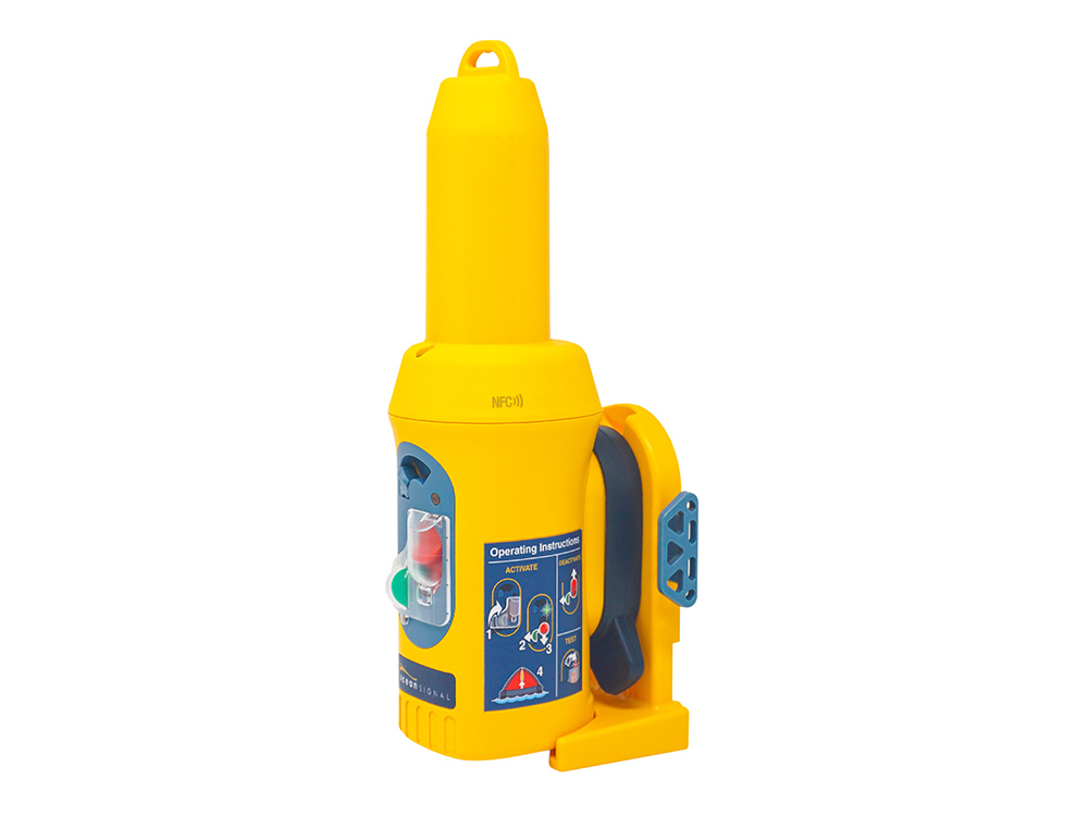 Yellow Ocean Signal safeSEA S200 AIS SART device with mounting bracket.
