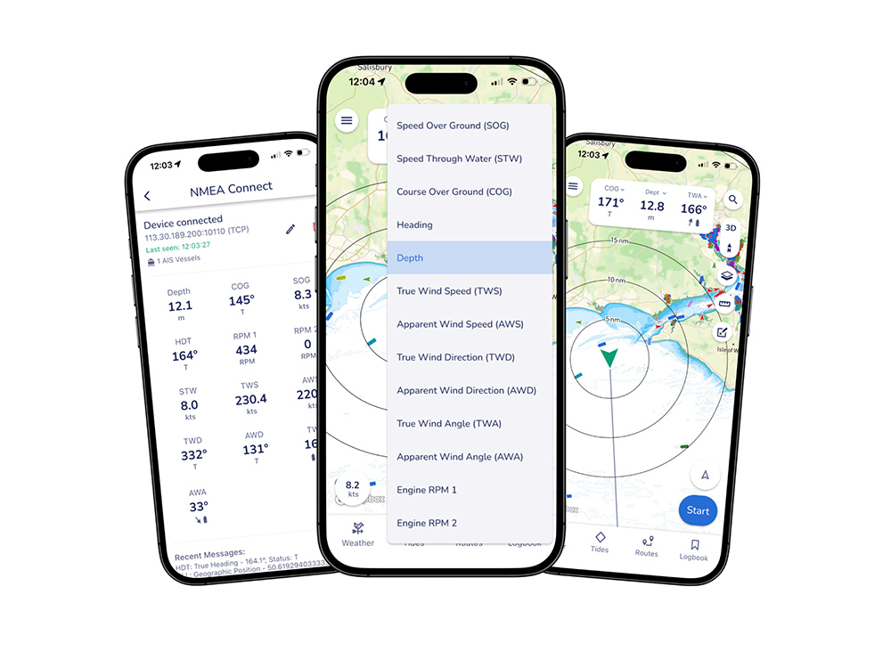 Savvy Navvy app screens displaying NMEA Connect with live depth, wind, AIS and instrument data for real-time marine navigation.