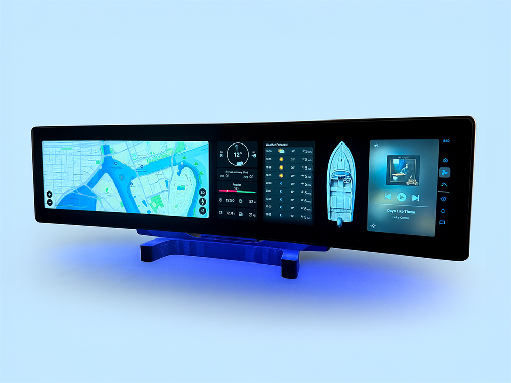 Wide digital marine display showing Savvy Navvy navigation charts, weather data, and onboard infotainment as part of CPAC Systems’ Marivue platform.