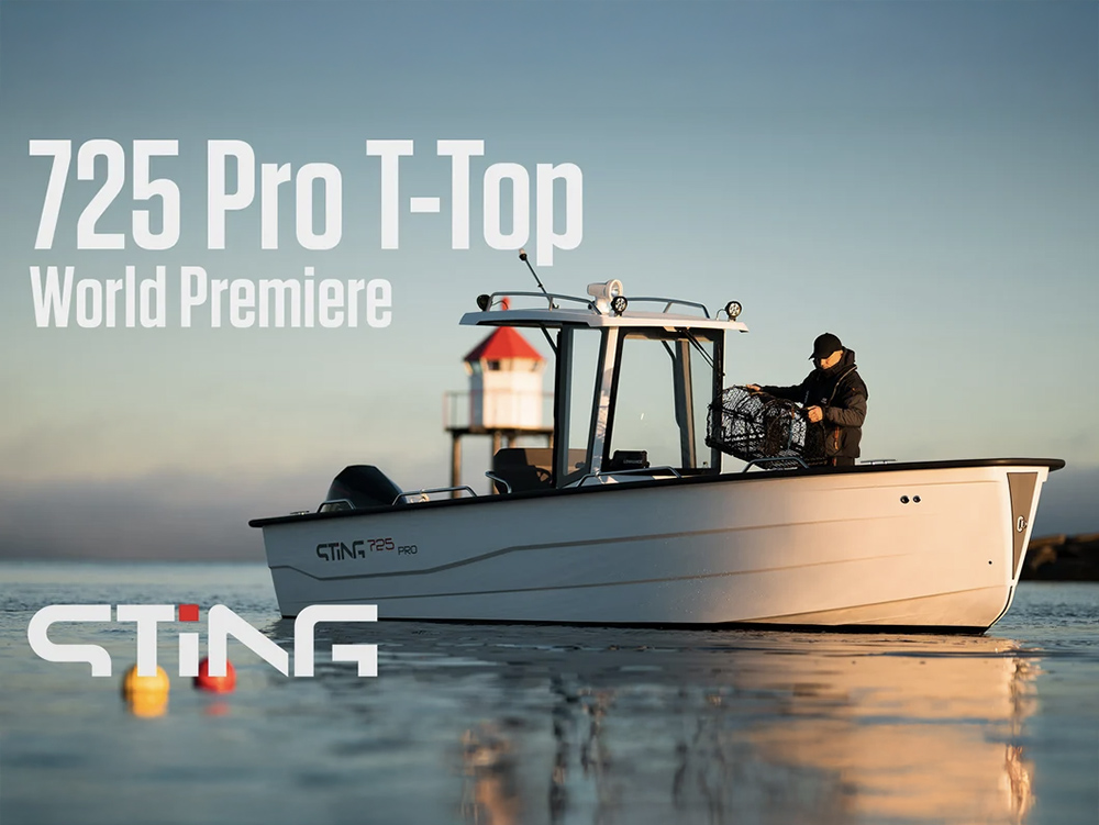 Sting 725 Pro T-Top boat showcased at sunrise near a lighthouse.