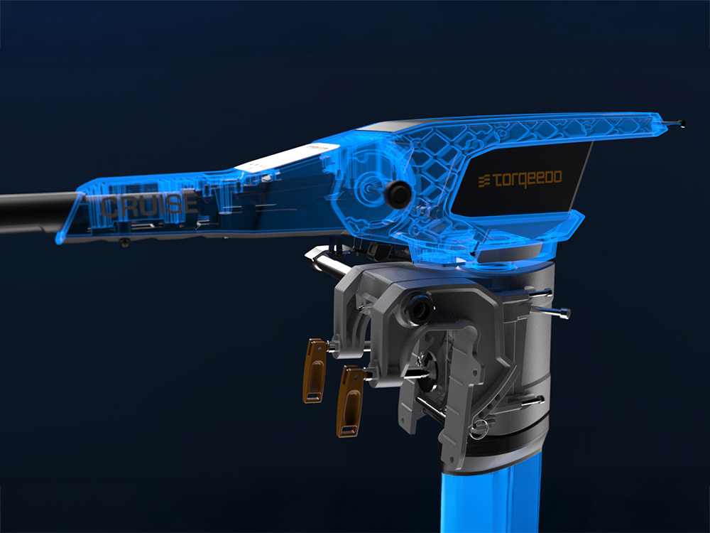 Torqeedo Cruise outboard showing translucent blue casing revealing internal structure and modern electric motor design.