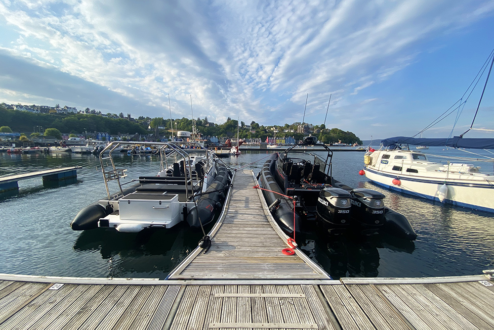 Two RIBs moored on a marina pontoon.