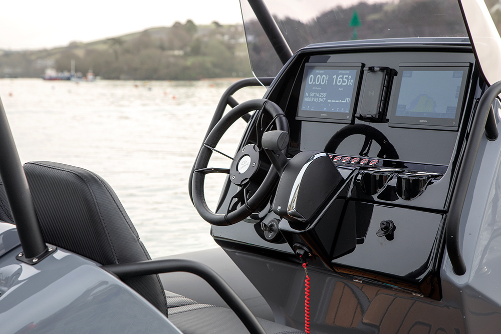 Helm console of Grand GL680 showing steering wheel and electronics.