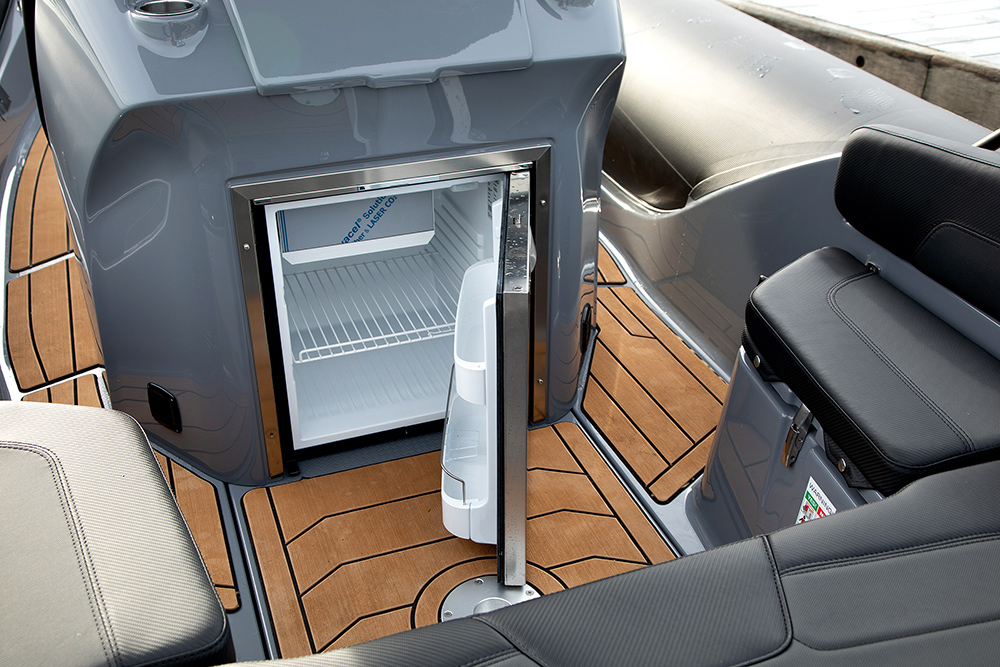 Onboard fridge with door open onboard Grand G680