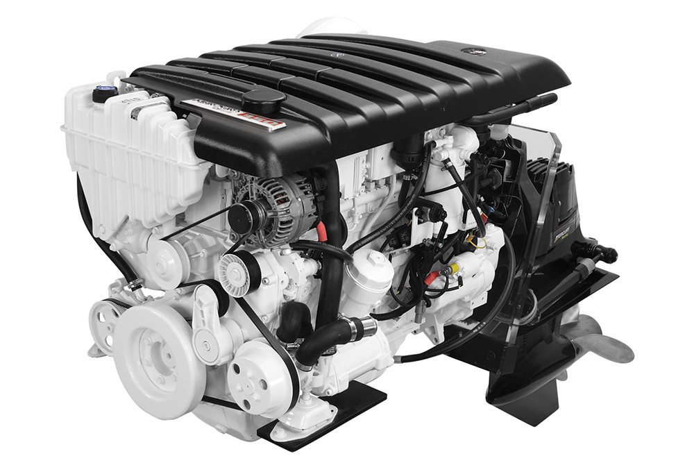 Mercury Diesel 4.2L marine engine with sterndrive, showing alternator, belts, cooling system and black top cover in detailed side view.