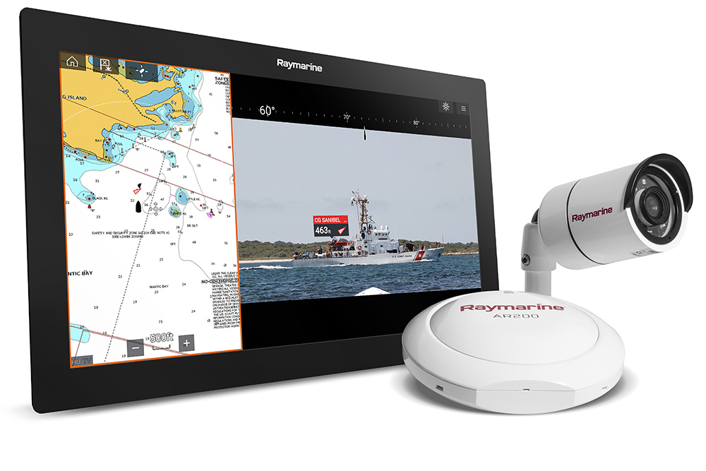 Raymarine Axiom display with ClearCruise AR showing chart and live video target data alongside AR200 sensor and camera.