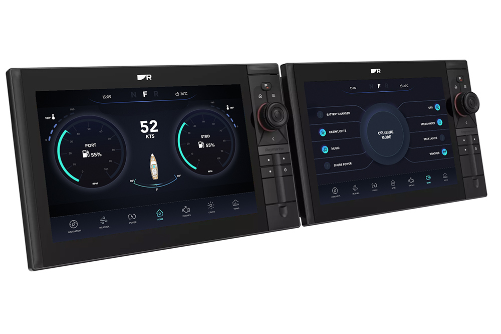 Twin Raymarine Axiom displays showing vessel engine data and system controls with customisable MConnect dashboards.