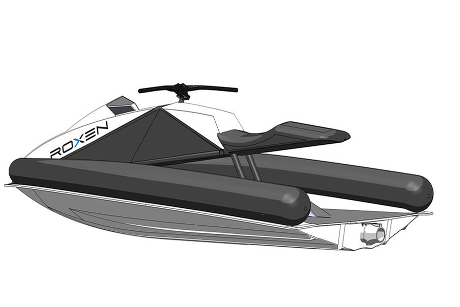 Lightweight Roxen electric PWC shown in profile with twin inflatable side floats, compact hull and minimalistic seat and handlebar design.