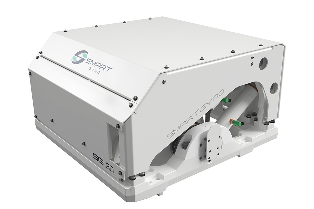 Smartgyro SG20 stabiliser unit in a white protective casing, showing its compact design.