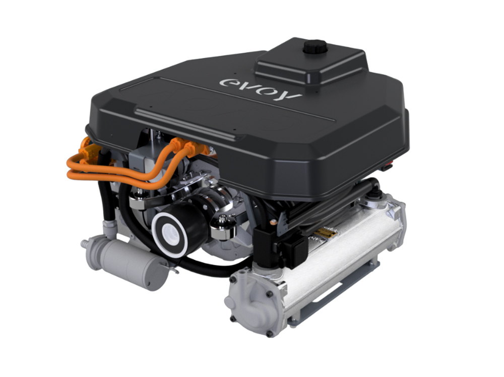 Evoy Breeze 120+ hp electric inboard motor with protective housing, high-voltage cabling and compact cooling components.