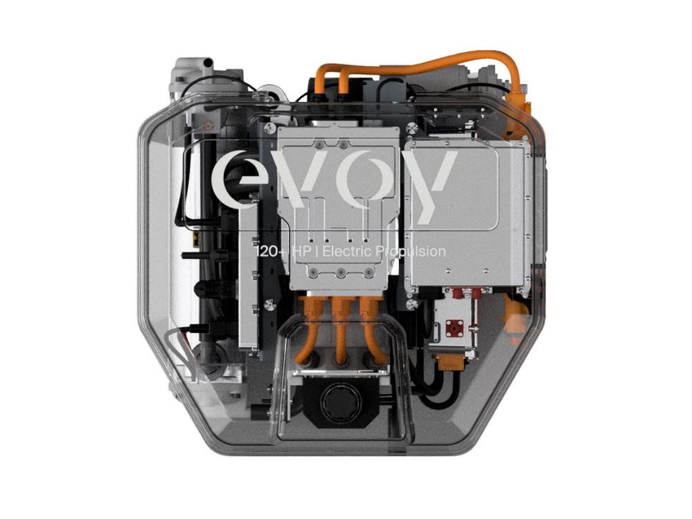 Evoy Breeze 120+ hp electric inboard unit showing compact motor, power electronics and orange high-voltage cabling in a clear housing.