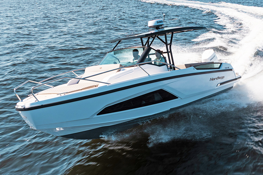 Drone view of Nordkapp Enduro 830 underway banking to starboard