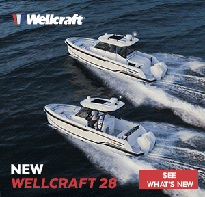 Two boats on open sea with message saying Wellcraft 28 - World Premiere at boot Dusseldorf boat show