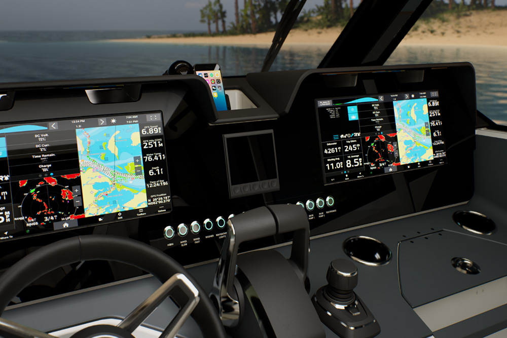 Spacious console to the Wellcraft 28 showing two chart plotters and throttle controls