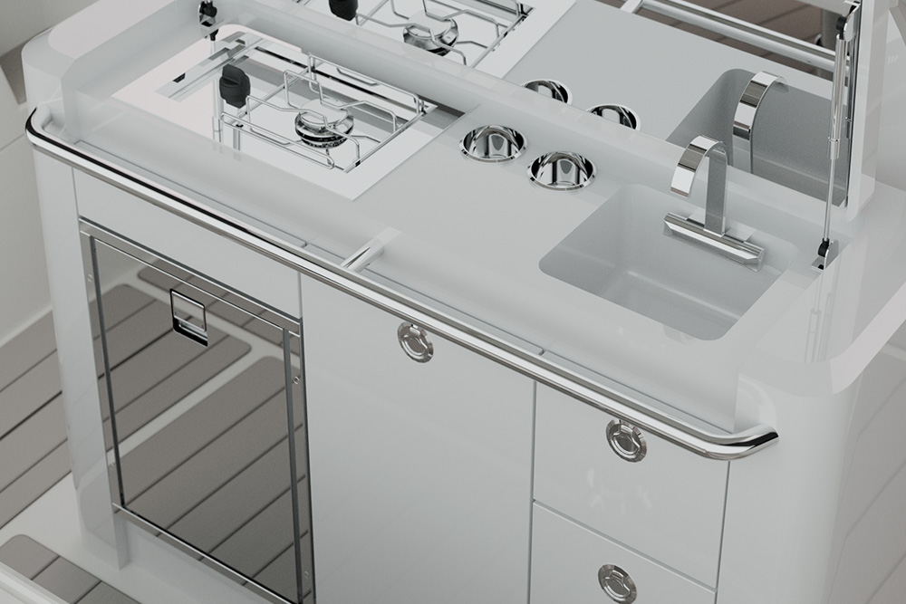 Galley view on Wellcraft 28 showing gas hob and sink