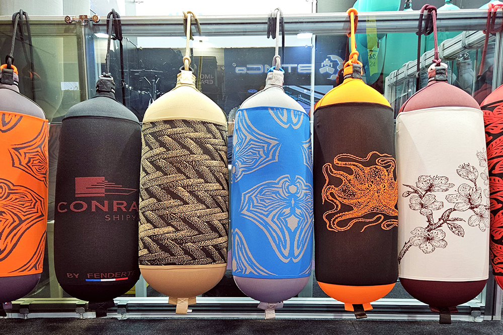 Fendertex fenders with customisable fender covers in various patterns hanging in a row