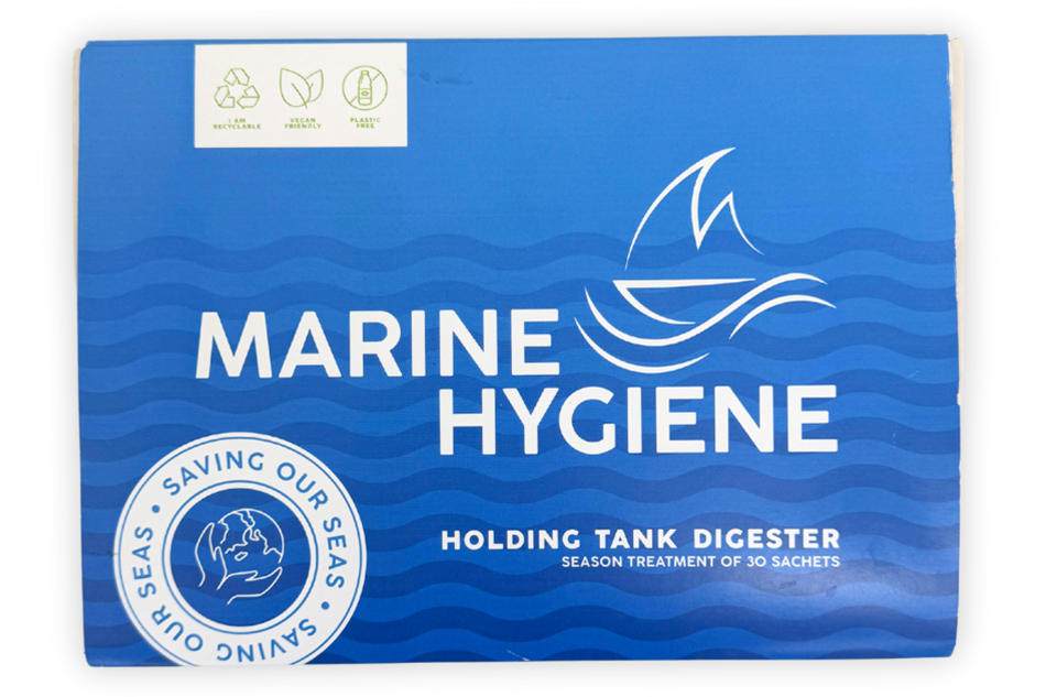 Marine Hygiene tank cleaner packaging in blue with white writing