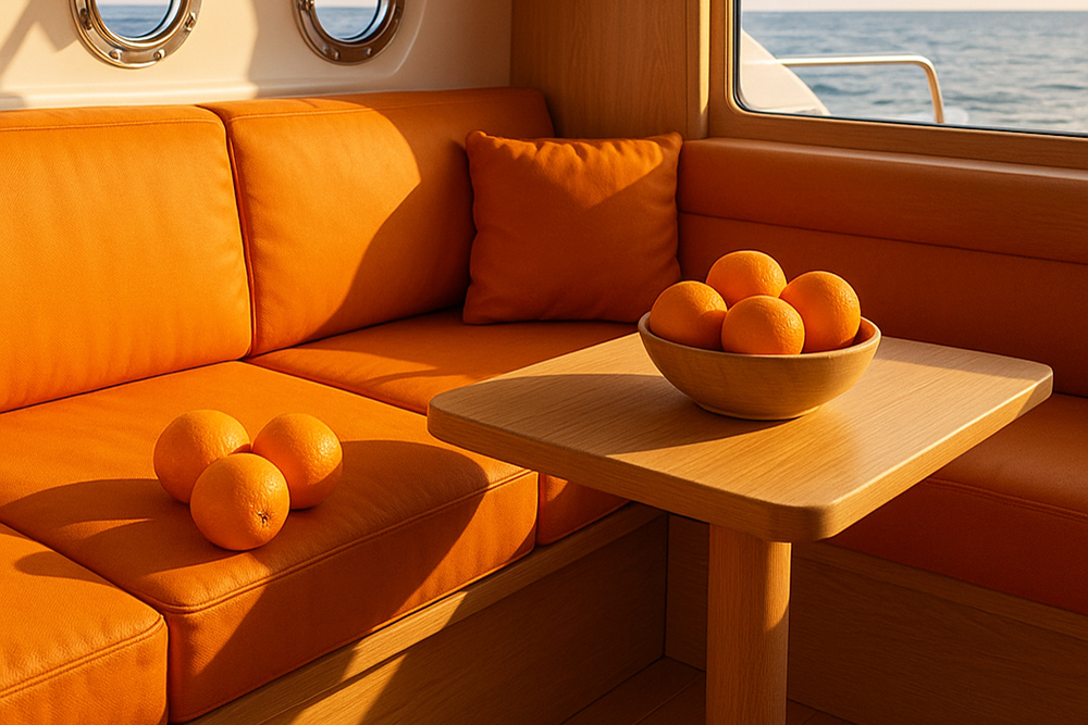 Ohoskin orange vegan upholstery with oranges in a bowl on the table in front