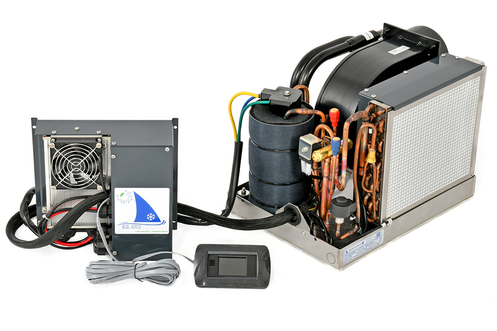 Inside view of Tecmar Blue Air equipment showing cables and internal wiring and components