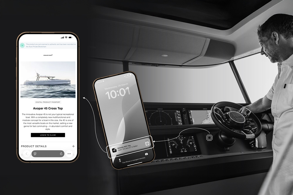 Axopar helm scene with smartphone displaying Digital Product Passport, showing NFC-based boat identity, ownership details and verified specifications.