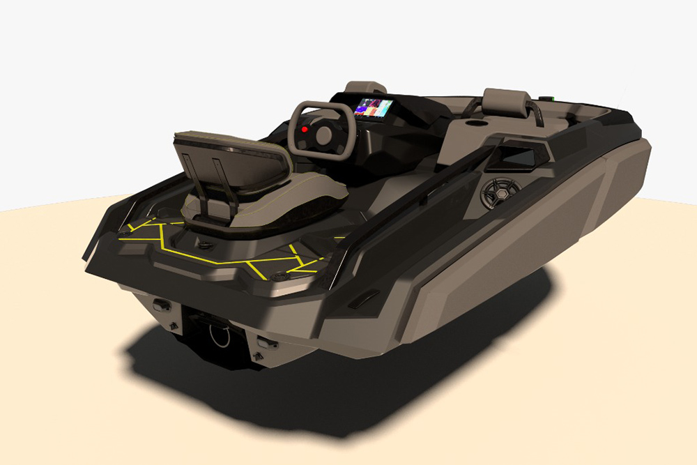 Rear three-quarter view of the Besnati Hurlo 325 jet tender, highlighting compact deck layout, helm position and performance-led Italian design.
