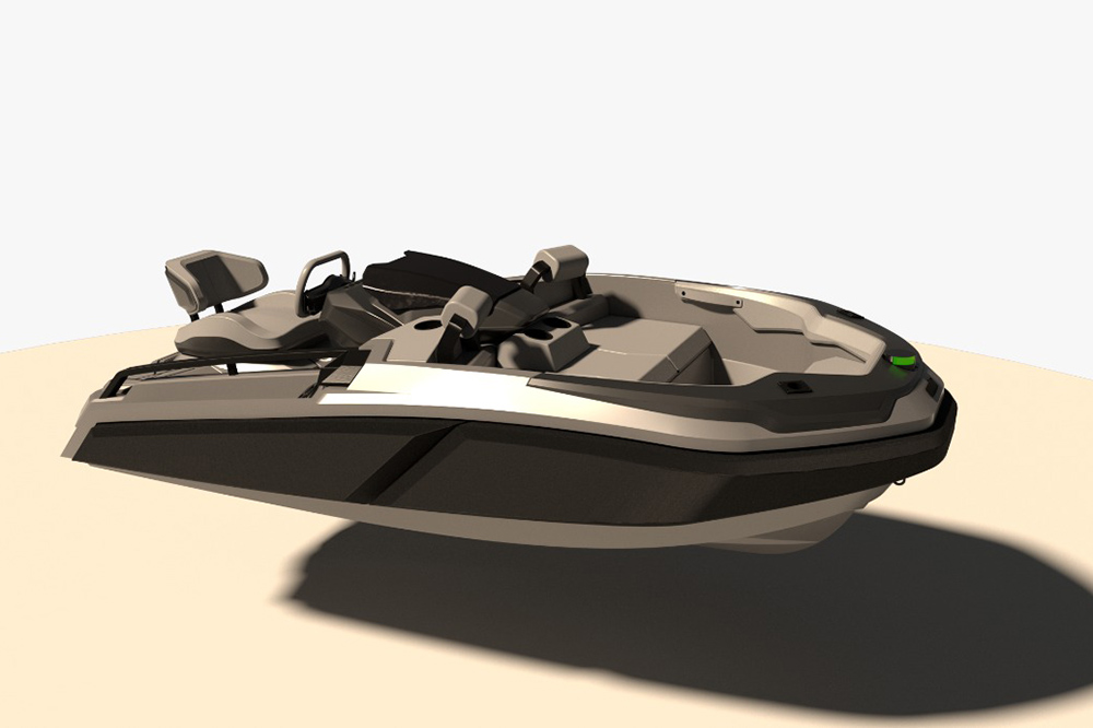 Besnati Hurlo 325 jet tender render showing compact Italian-designed hull, open cockpit layout and performance-focused styling.