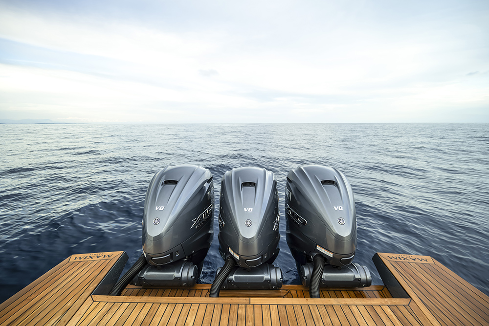 Triple Yamaha XTO V8 outboards on the transom of the Maxim Yachts Max 44R.
