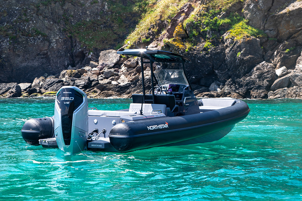 Northstar Orion 8 RIB powered by a Honda BF350 V8 outboard, moored in clear coastal waters.