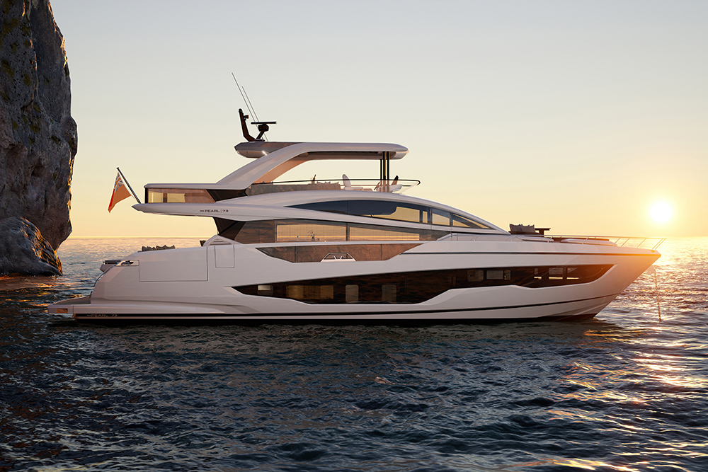 Pearl 73 flybridge motor yacht underway at sunset.