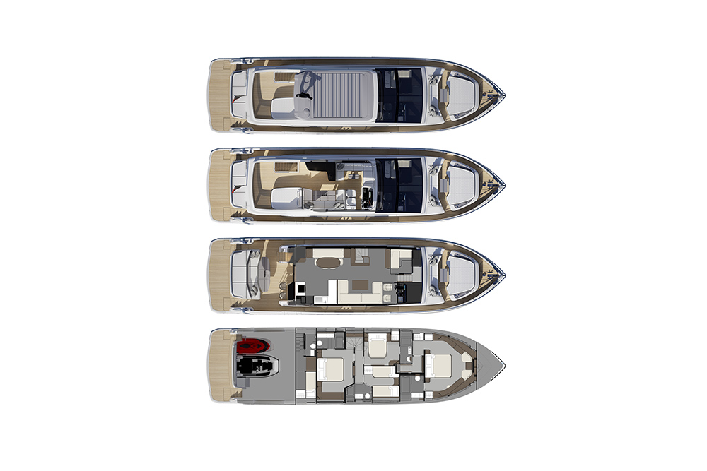 Pearl 73 deck plans showing flybridge, main deck, saloon layout and lower deck cabins with tender garage arrangement.