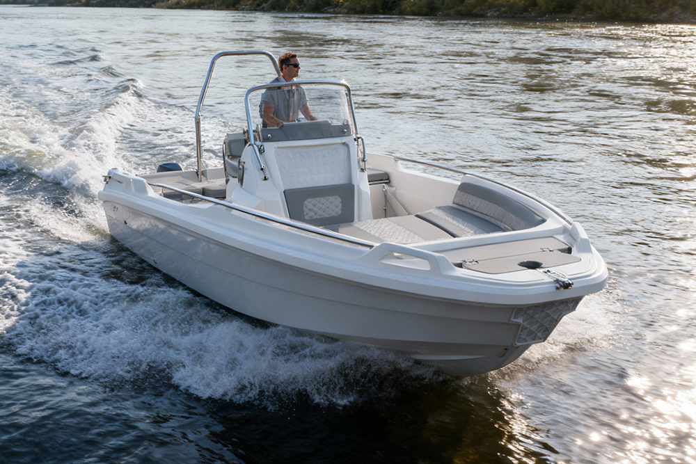 ROTO Nautica Hydra 460 underway on a calm river, highlighting compact hull design, central helm and stable handling at speed.