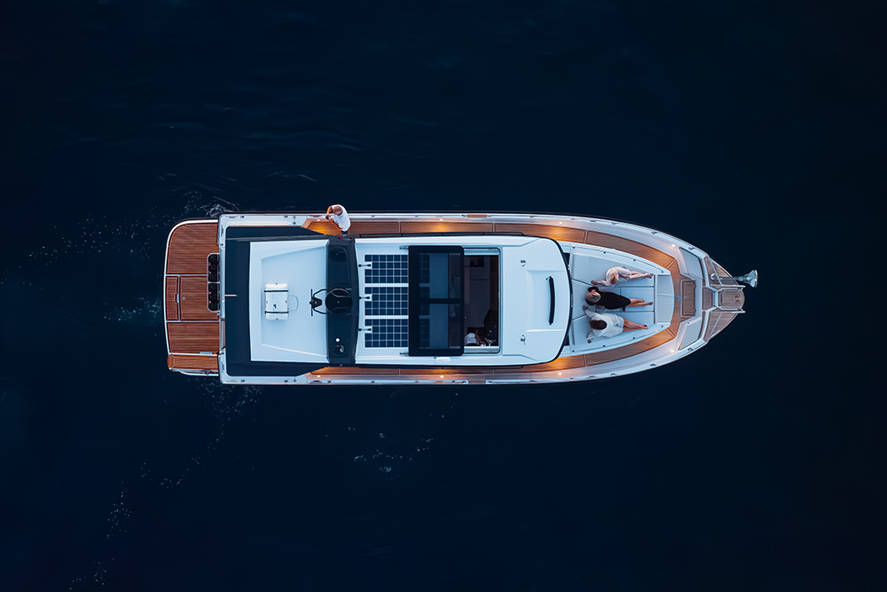 Top-down aerial view of a SARGO motorboat underway at sea.