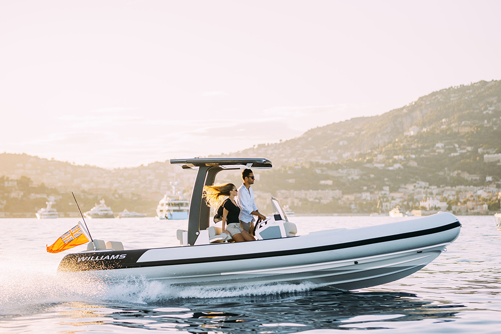 Williams jet tender underway at speed, showcasing sleek design and performance.