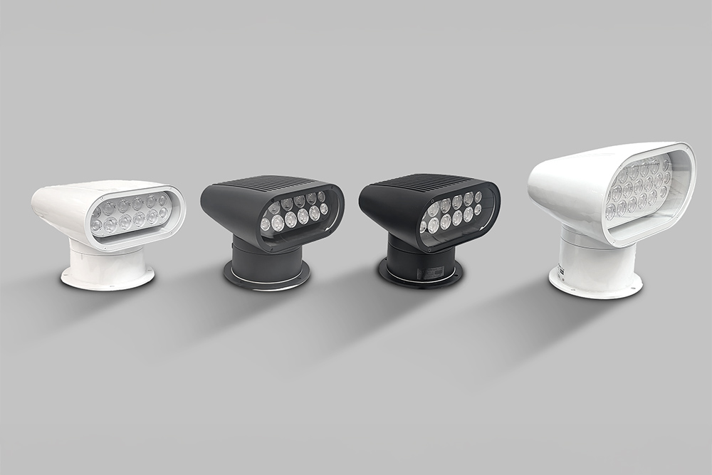 Four Yacht Beam LED Performance Series marine searchlights in black and white finishes.